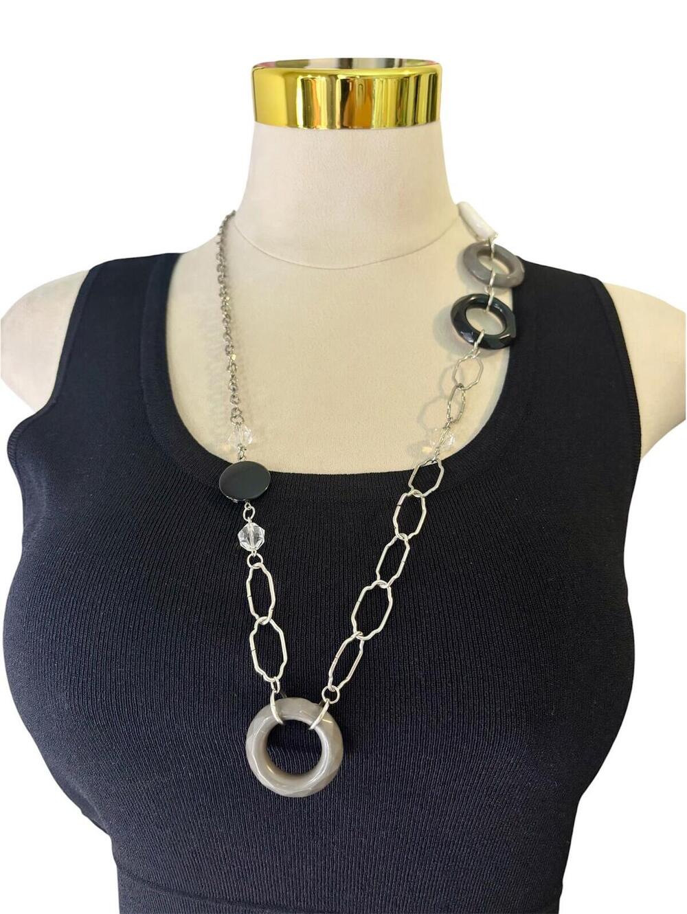 Long Silver-Tone Statement Necklace with Black, Grey and White Resin Circles
